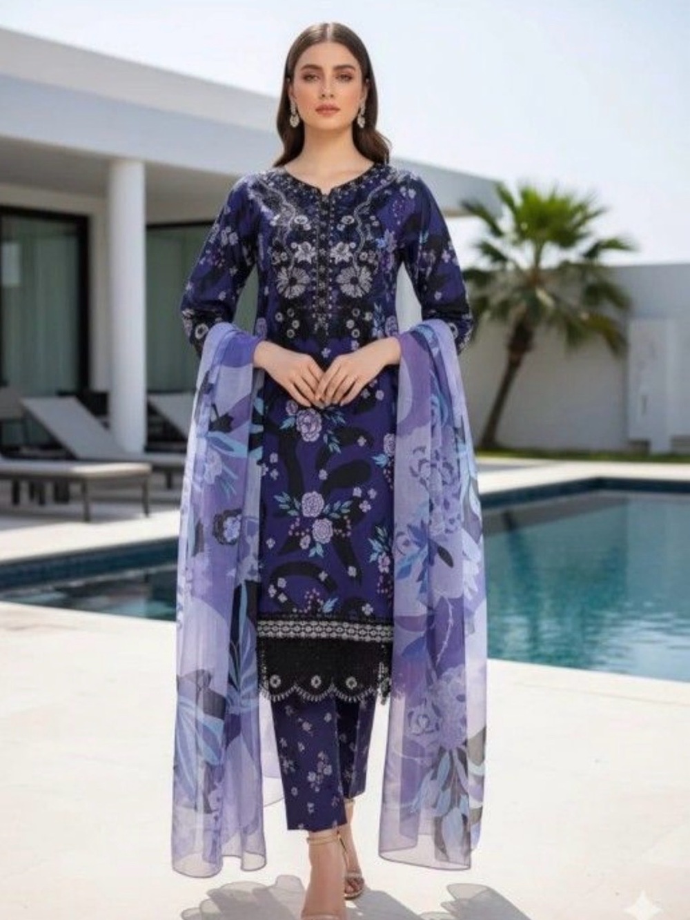Elegant Navy & Lavender Floral Women’s Dress with Sheer Dupatta